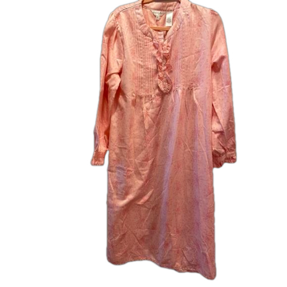 VTG Vanity Fair Pink Floral Pintuck Nightgown Long Sleeve Ruffle M/M